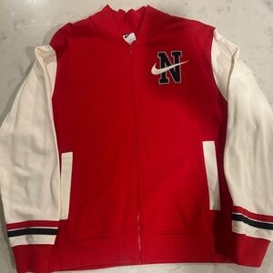 Nike Men’s Varsity Jacket In Red Colorway With White & Navy Accents Size L